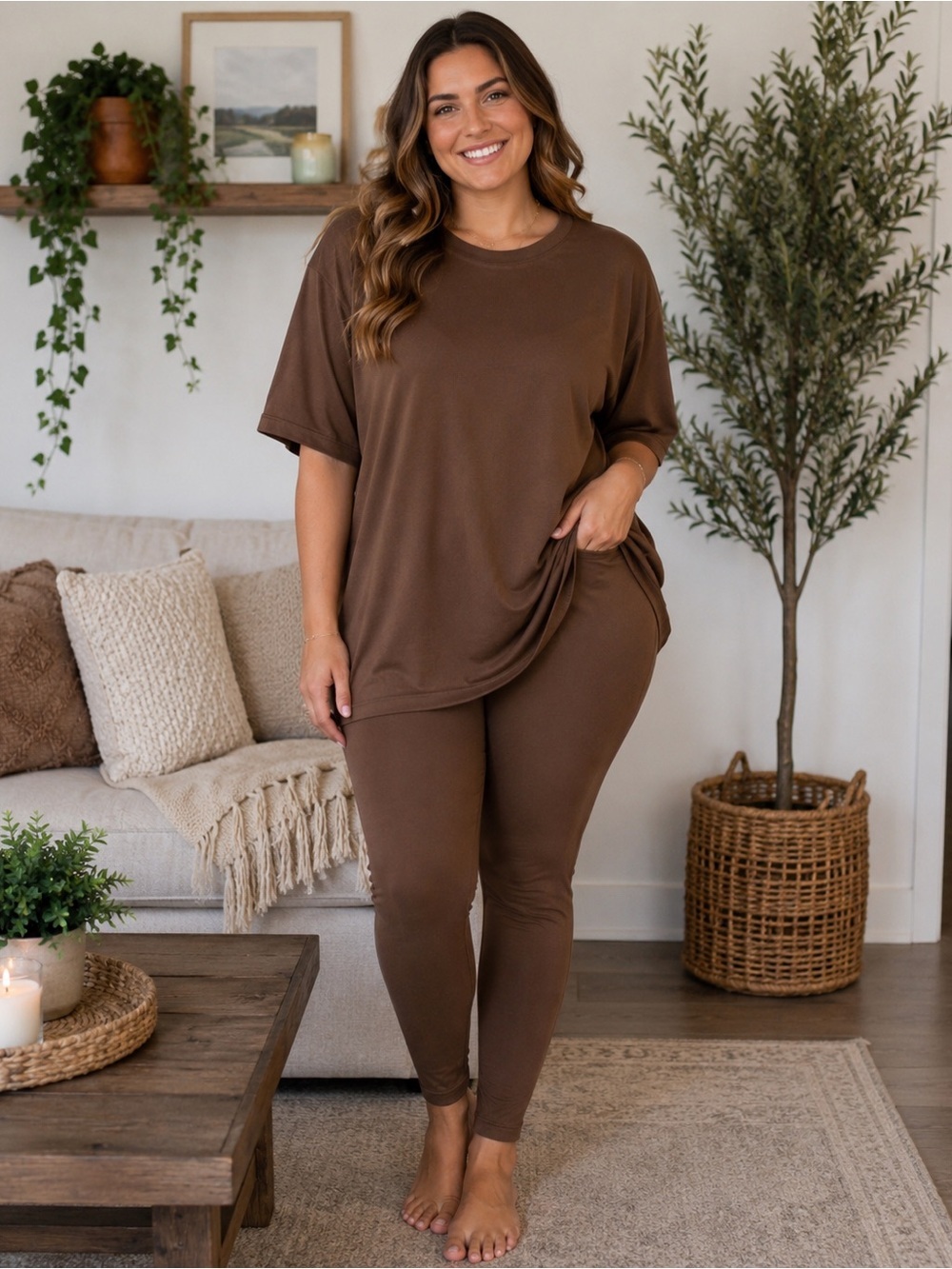 Zenana Large Chocolate Brown 2 Piece Tee Leggings Lounge Set NWOT